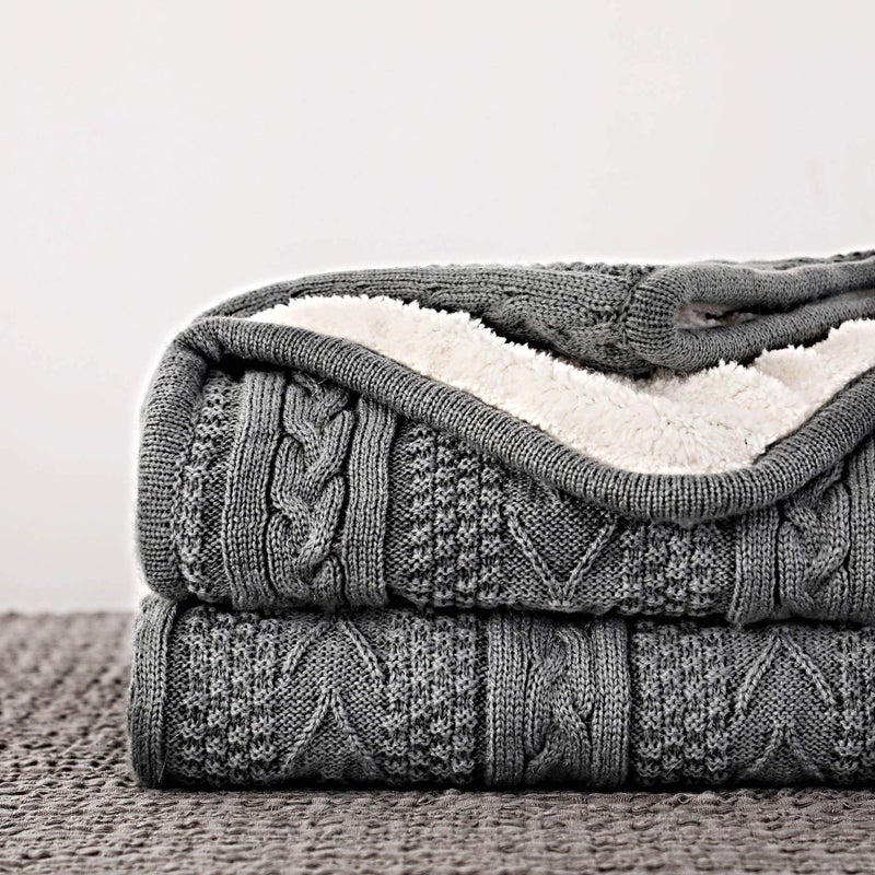 Longhui bedding Acrylic Cable Knit Sherpa Throw Blanket - Thick, Soft, Big, Cozy Grey Knitted Fleece Blankets for Couch, Sofa, Bed - 60 x 80 Inches Gray Coverlet, 5.2 Pounds - Image 1